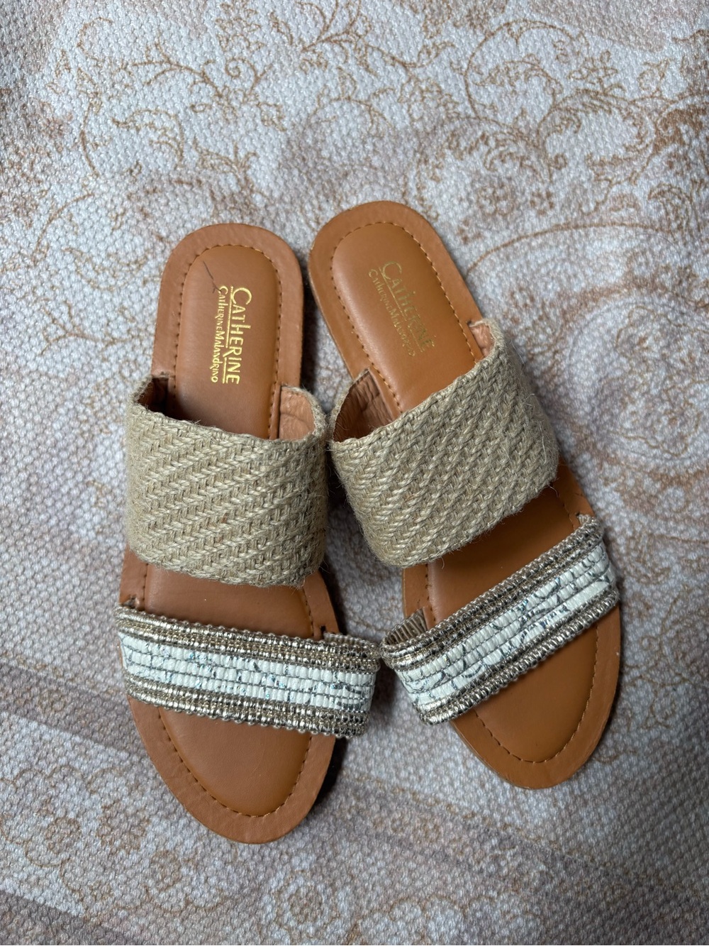 Catherine Malandrino Tan and Natural Woven Double-Strap Slide Sandals